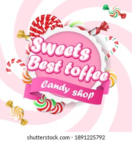 Food Label or Sticker Candy shop. Sweet candies flat icons set. Candies, sweetmeats, lollipops and assorted chocolates colorful lollipops