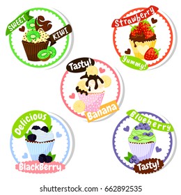 Food label or stickers with sweet cupcakes. Muffin with different flavors on a white background. Isolated vector illustration. 
