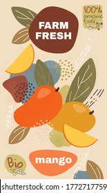 Food label template. vector illustration for organic mango fruit. natural bio fruits package design. ripe mango fruits with abstract memphis style background. eco concept farm fresh label.