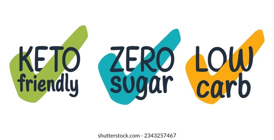 Food labeling calligraphic set - Keto friendly, Zero sugar and Low carb - Isolated vector icons set