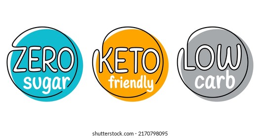 Food labeling - Keto friendly, Zero sugar and Low carb - Isolated vector badges set