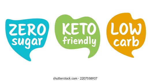 Juego de etiquetado de alimentos - Keto amigable, Cero azúcar y bajo carbohidrógeno - Iconos vectoriales aislados conjunto