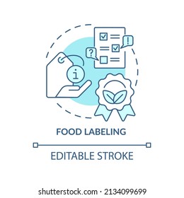 Food Labeling Turquoise Concept Icon. Testing Service Abstract Idea Thin Line Illustration. Legal Requirements For Sale. Isolated Outline Drawing. Editable Stroke. Arial, Myriad Pro-Bold Fonts Used