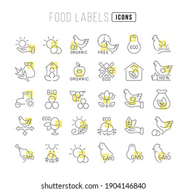 Food Labels. Collection of perfectly thin icons for web design, app, and the most modern projects. The kit of signs for category Food and Drinks.
