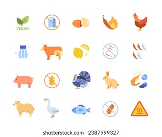 Juego de iconos de color de las etiquetas de los alimentos. Pegatinas luminosas con pollo, vaca, marisco y especias. Granja y productos orgánicos. Elementos gráficos para el sitio web. Colección vectorial plana aislada en fondo blanco