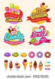 Food labels with donuts, ice cream, candy, sweets. Colorful stickers with icon set. Vector illustration in modern flat style.