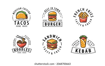 Food labels set. Emblems Burger Tacos French fries Sandwich Noodles Kebab