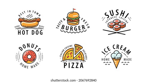 Food labels set. Emblems or restaurant menu, cafe. Vector illustration