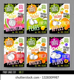 Food labels stickers set colorful sketch style fruits, spices vegetables package design. Watermelon, pear, apples, plums, peaches, apricots. Organic, fresh, bio, eco. Hand drawn vector illustration.