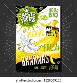 Food labels stickers set colorful sketch style fruits, spices vegetables package design. Bananas, banana. Organic, fresh, bio, eco. Hand drawn vector illustration.