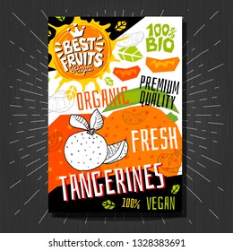 Food labels stickers set colorful sketch style fruits, spices vegetables package design. Orange. Organic, fresh, bio, eco. Hand drawn vector illustration.