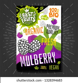 Food labels stickers set colorful sketch style fruits, spices vegetables package design. Mulberry. Organic, fresh, bio, eco. Hand drawn vector illustration.