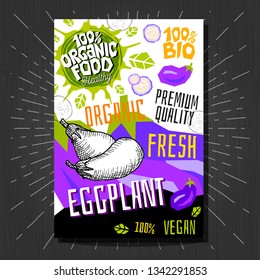 Food labels stickers set colorful sketch style fruits, spices vegetables package design. Eggplants. Vegetable label. Organic, fresh, bio, eco. Hand drawn vector illustration.