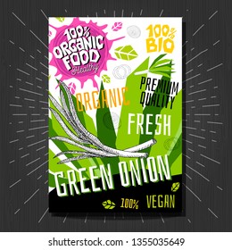Food labels stickers set colorful sketch style fruits, spices vegetables package design. Green onion. Vegetable label. Organic, fresh, bio, eco. Hand drawn vector illustration.