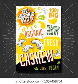 Food labels stickers set colorful sketch style fruits, spices vegetables package design. Cashew nuts. Vegetable label. Organic, fresh, bio, eco. Hand drawn vector illustration.
