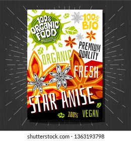 Food labels stickers set colorful sketch style fruits, spices vegetables package design. Star anise, nuts. Vegetable label. Organic, fresh, bio, eco. Hand drawn vector illustration.