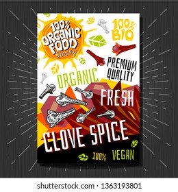 Food labels stickers set colorful sketch style fruits, spices vegetables package design. Clove spice, nuts. Vegetable label. Organic, fresh, bio, eco. Hand drawn vector illustration.