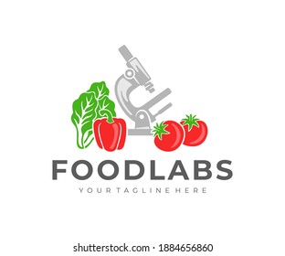 Food laboratory, microscope, tomato, bell pepper and lettuce salad, logo design. Food technology, vegetables, food and meal, vector design and illustration