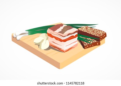 Food, lard with garlic, green onion, slices of bread on a wooden board, isolated, vector illustration
