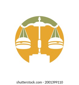 Food law vector logo design template. Law balance and burger icon design.	