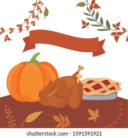 Food and leaves of thanksgiving day design, Autumn season holiday greeting and traditional theme Vector illustration