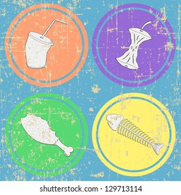 Food leavings (fish, apple, chicken, drink) on grunge seamless background