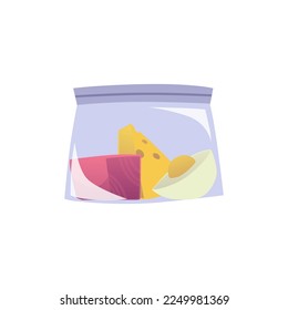 Food leftovers or lunch for school and work packaged for storage and keeping fresh in zip bag, flat cartoon vector illustration isolated on white background.