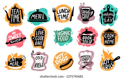 Food lettering. Bakery kitchen sweets, hot dogs badge and organic food logo vector set