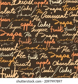 Food Lettering  vector illustration. Caramel shadows letters hand drawn style brown background. Cuisine. Bakery words. Dough, bread, pie, fruit, croissant, cookies, apple, sugar. Cafe menu.