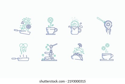 Food levitation and ingredients flying icon set