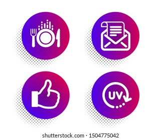 Food, Like and Mail newsletter icons simple set. Halftone dots button. Uv protection sign. Cutlery, Thumbs up, Open e-mail. Skin cream. Business set. Classic flat food icon. Vector
