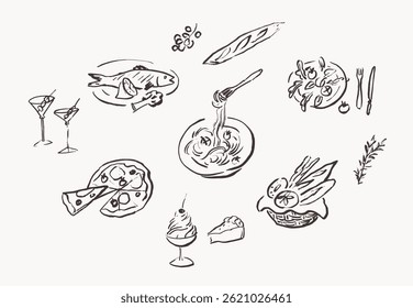 Food line art drawings, hand drawn decorative design elements, vector illustration