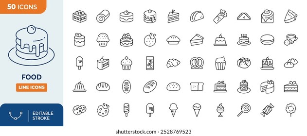 food line editable icon set. containing cake, sandwitch, bakery food, fast food, etc