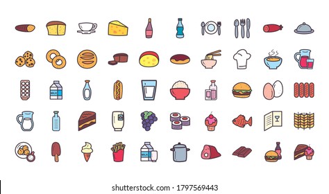 food line and fill style 50 icon set design, eat restaurant and menu theme Vector illustration