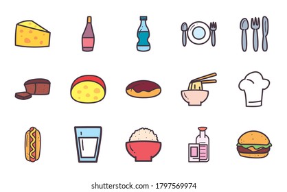 food line and fill style set of icons design, eat restaurant and menu theme Vector illustration