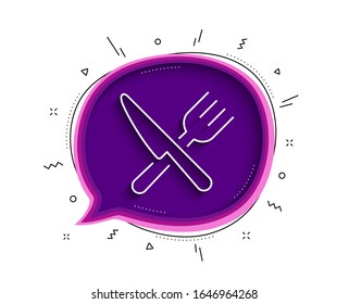 Icono de línea de alimentos. Burbuja de chat con sombra.Signo de cubertería. Horquilla, símbolo de cuchillo. Icono de comida fina. Vector