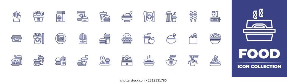 Food line icon collection. Editable stroke. Vector illustration. Containing french fries, basket, package, pet, fast food, baby, plate, snack, street, food, container.