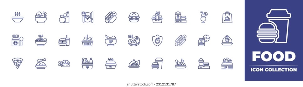 Food line icon collection. Editable stroke. Vector illustration. Containing hot, salad, diet, donation, hot dog, burger, box, delivery, cocktail, takeaway, baby food, spaghetti.