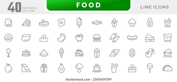 Food line icon collection. Fast food, drinks, bar, restaurant, meal, fruits, eat, coffee and healthy food icon set. UI outline icons pack. 