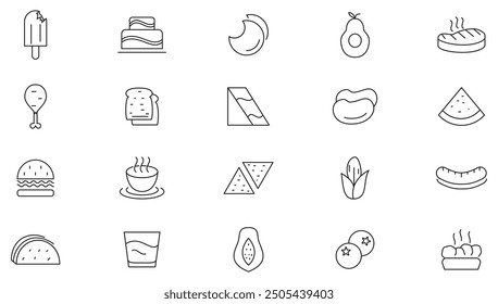 Food line icon collection. Fast food, drinks, bar, restaurant, meal, fruits, eat, coffee and healthy food icon set. UI outline icons pack. 