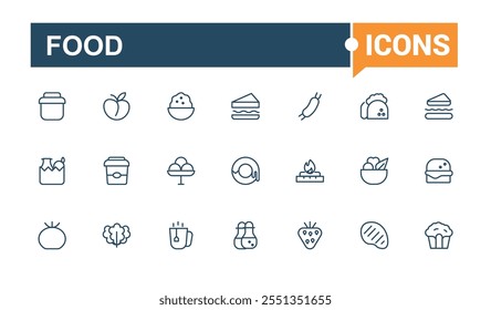 Food line icon collections. Containing breakfast, cheese, beverage, egg, meat. Modern thin icons. Solid line editable stroke. Vector line and solid icons.