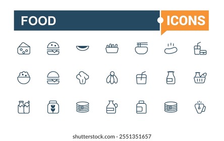 Food line icon collections. Containing breakfast, cheese, beverage, egg, meat. Modern thin icons. Solid line editable stroke. Vector line and solid icons.