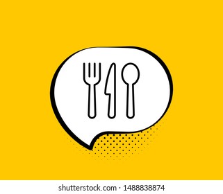 Food line icon. Comic speech bubble. Cutlery sign. Fork, knife, spoon symbol. Yellow background with chat bubble. Food icon. Colorful banner. Vector