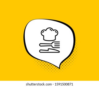 Food line icon. Comic speech bubble. Cooking chef sign. Fork, knife symbol. Yellow background with chat bubble. Food icon. Colorful banner. Vector