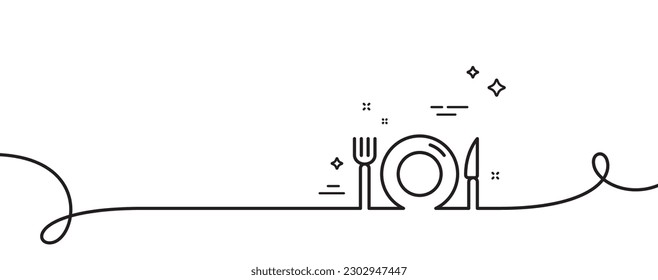 Food line icon. Continuous one line with curl. Restaurant sign. Fork, knife and plate symbol. Food single outline ribbon. Loop curve pattern. Vector