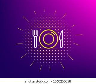 Food line icon. Halftone pattern. Restaurant sign. Fork, knife and plate symbol. Gradient background. Food line icon. Yellow halftone pattern. Vector