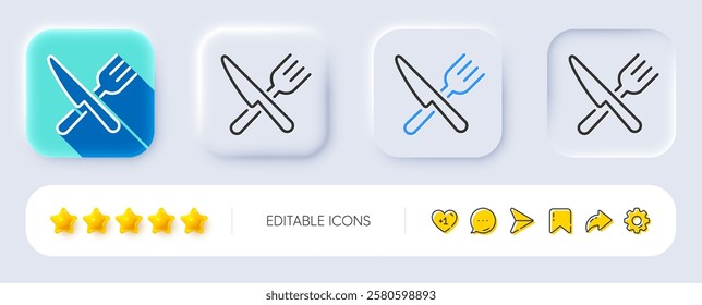 Food line icon. Neumorphic, Flat shadow, 3d buttons. Cutlery sign. Fork, knife symbol. Line food icon. Social media icons. Vector