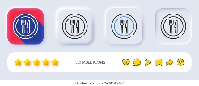 Food line icon. Neumorphic, Flat shadow, 3d buttons. Dish plate with fork and knife sign. Eat at restaurant symbol. Line food icon. Social media icons. Vector