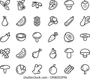 Food line icon set - basil, olives, olive oil, smoothies, carrot, corn, asparagus, cabbage, arugula, onion, broccoli, eggplant, squash, strawberry, plum, watermelon, coconut, pear, kiwi, pineapple