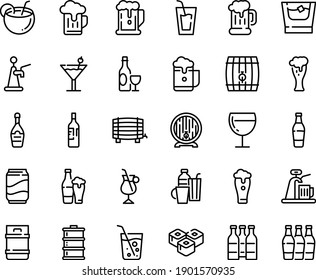 Food line icon set - beer, drink, sushi roll, wine, mug, barrel, glass, champagne, irish coffee, drinks, cocktail, soda, coconut, bottle, whiskey, keg, foam, tap, bottles